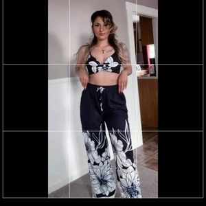 Black and white  floral crop pants set